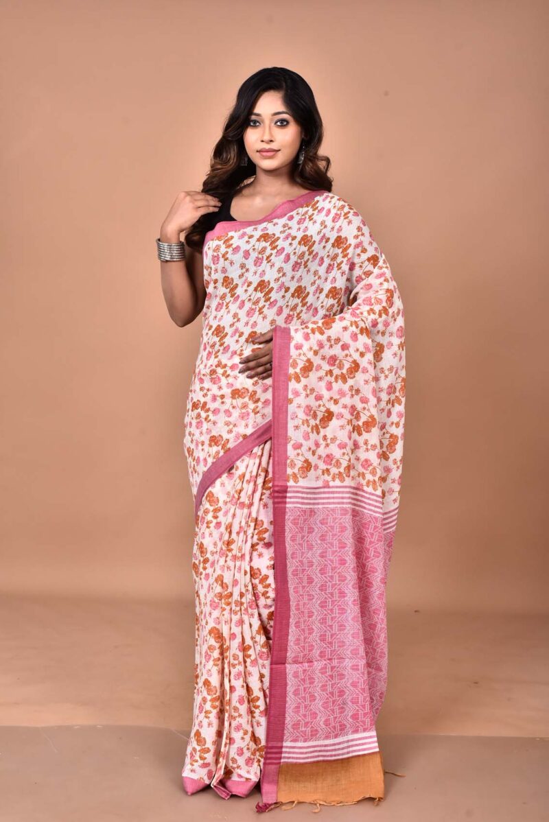 Organic Cotton Saree with Hand Screen Print (Pink)