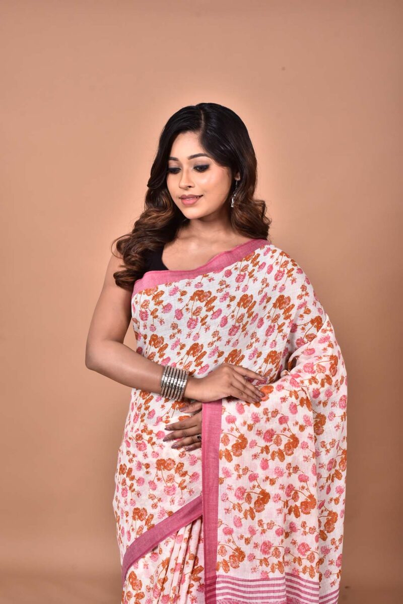 Organic Cotton Saree with Hand Screen Print (Pink)