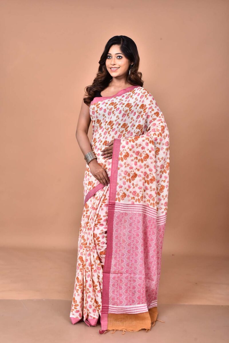 Organic Cotton Saree with Hand Screen Print (Pink)