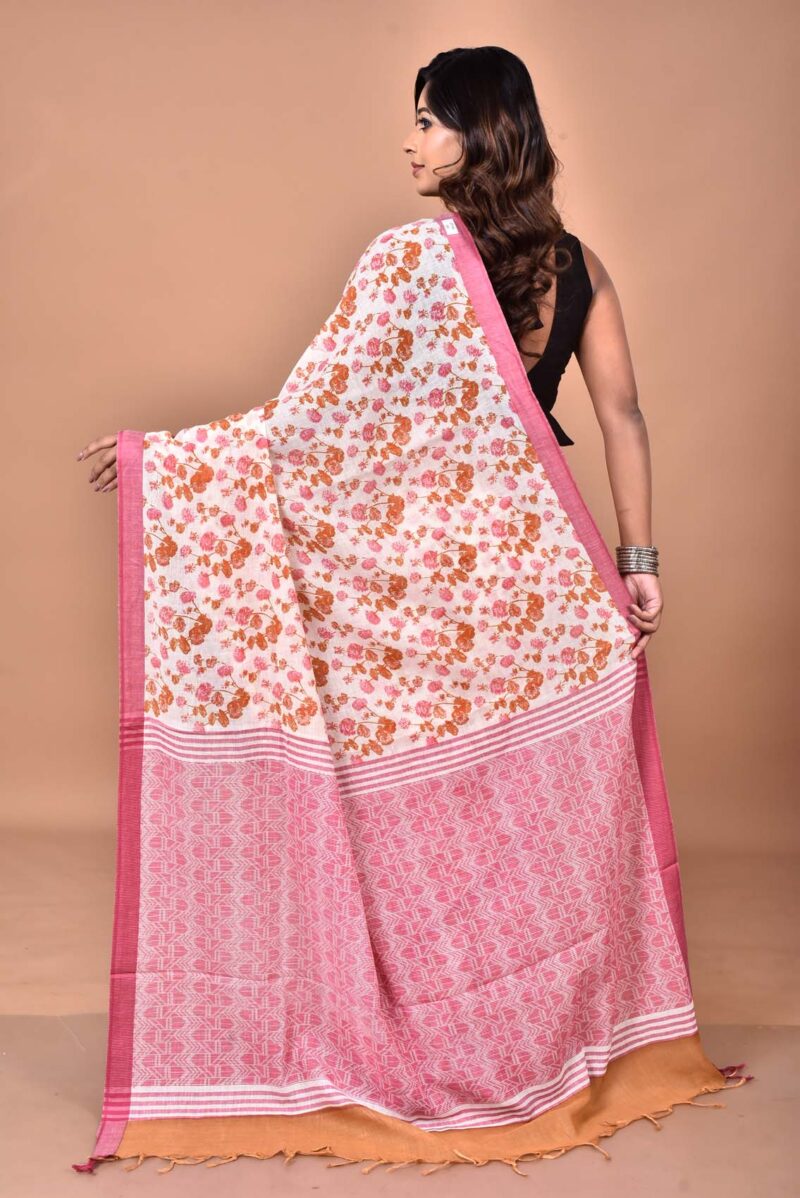 Organic Cotton Saree with Hand Screen Print (Pink)