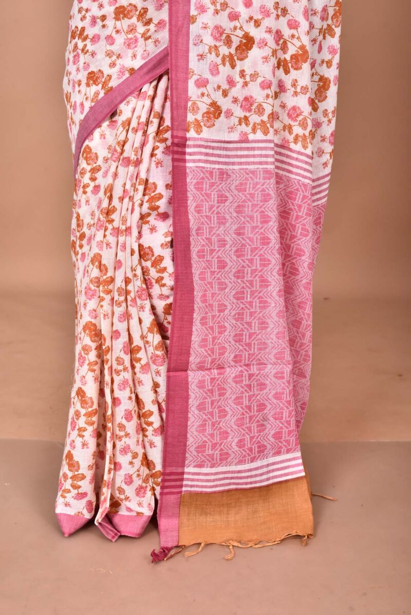 Organic Cotton Saree with Hand Screen Print (Pink)