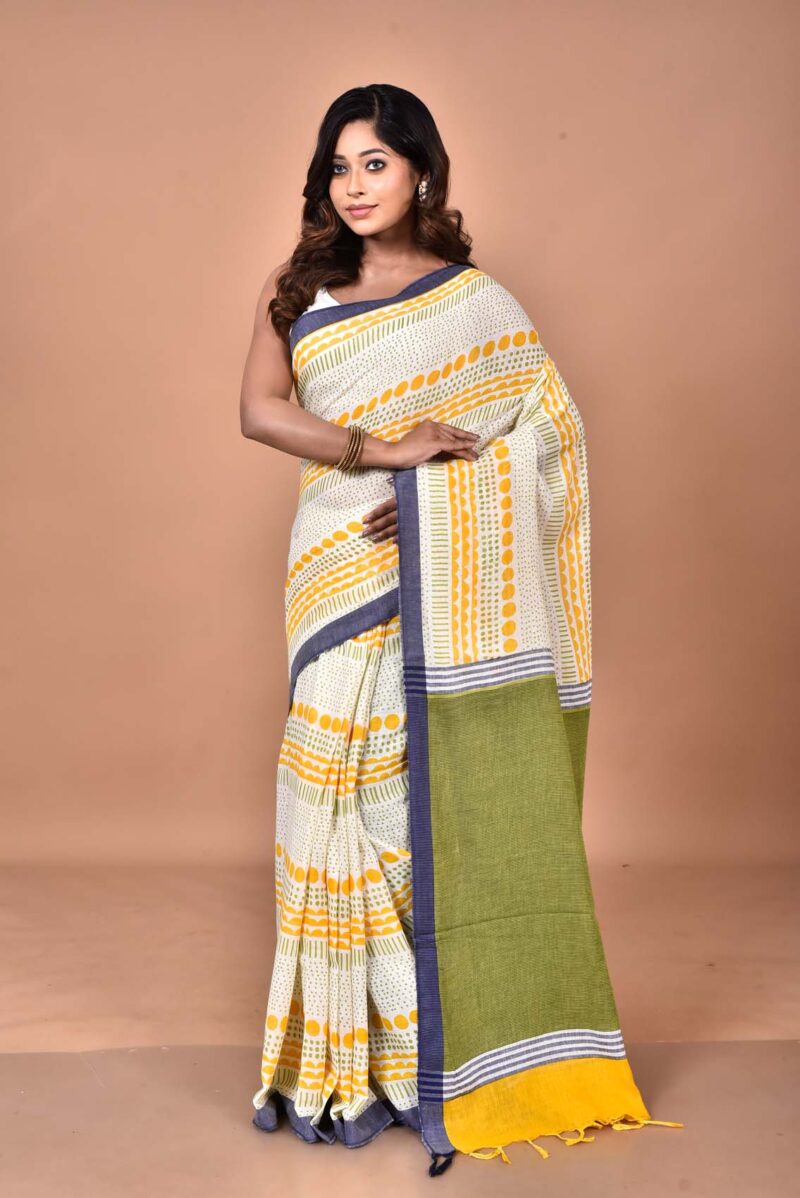 Organic Cotton Saree with Hand Screen Print (Yellow)