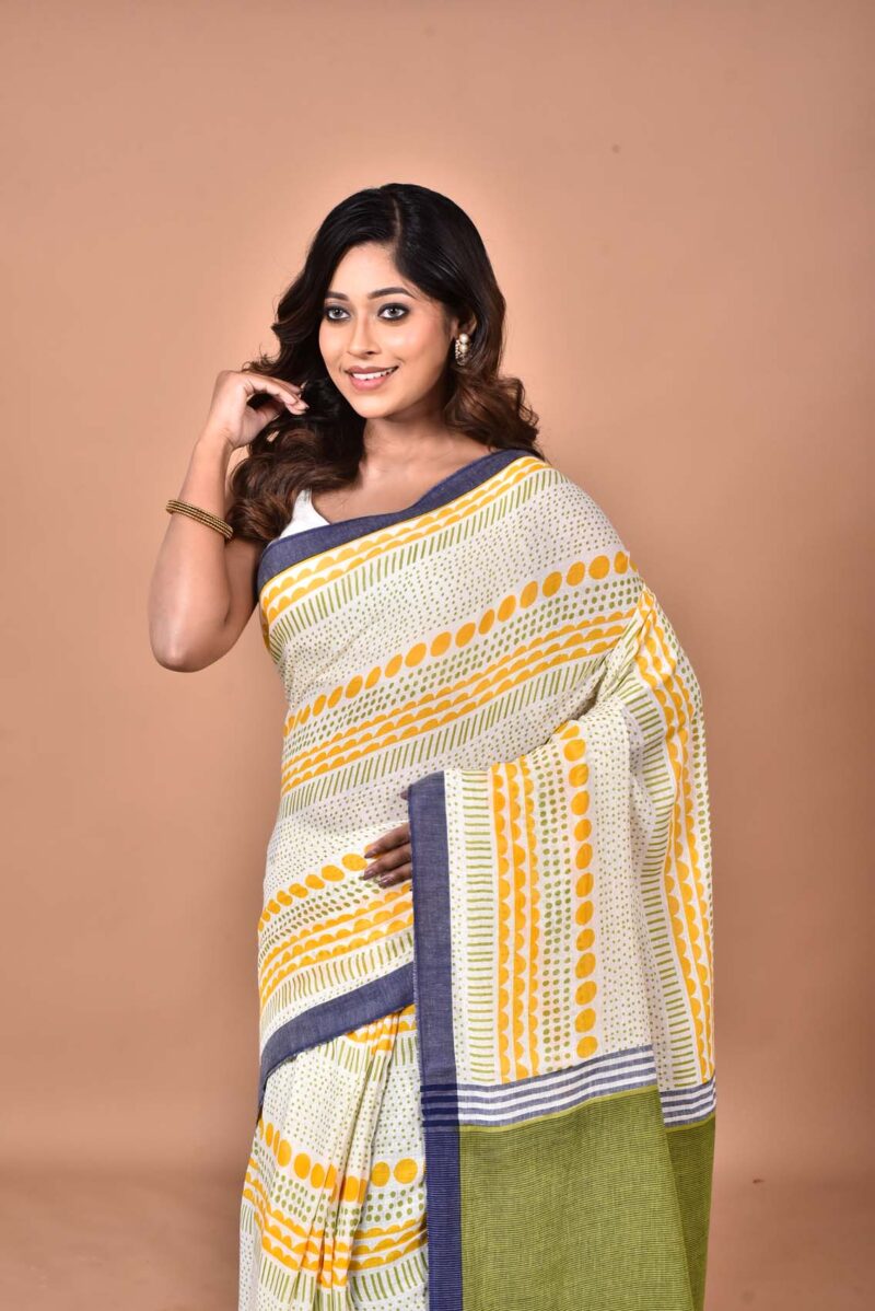 Organic Cotton Saree with Hand Screen Print (Yellow)