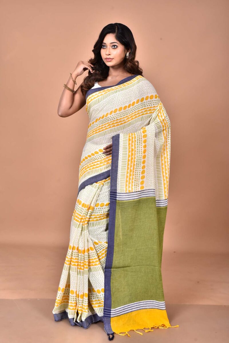 Organic Cotton Saree with Hand Screen Print (Yellow)