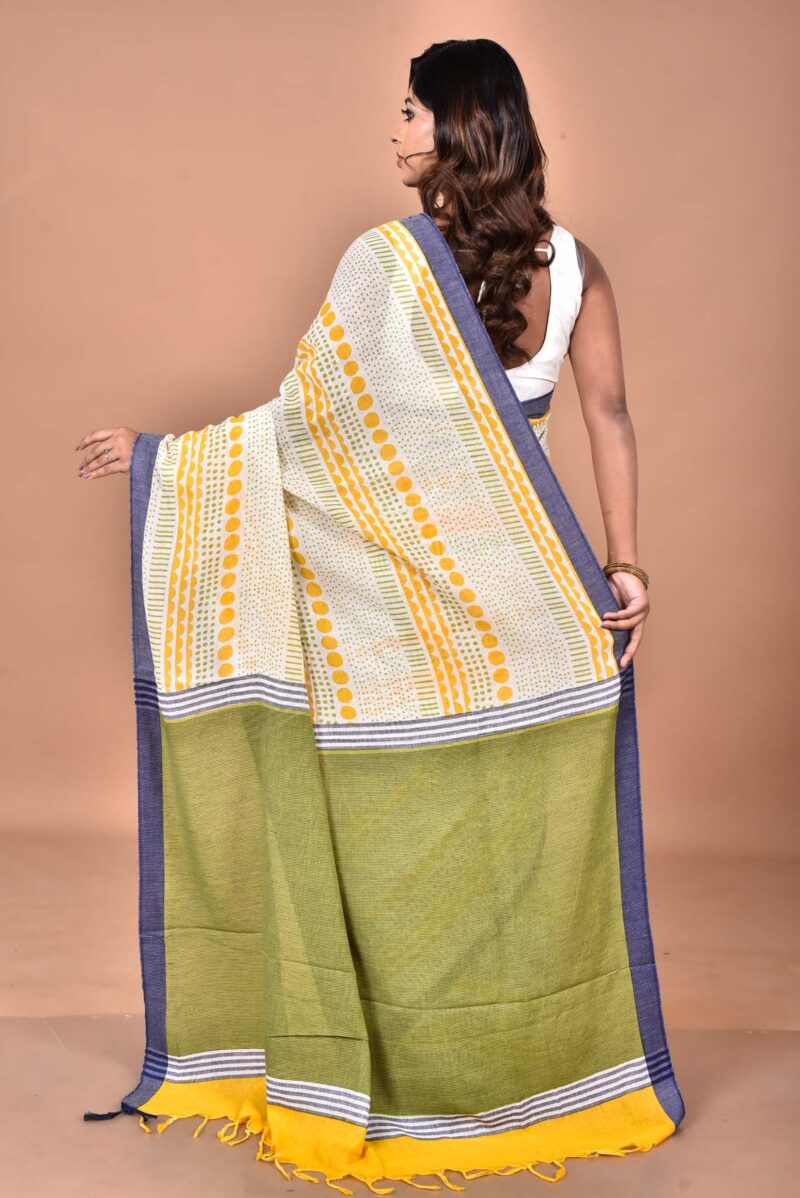 Organic Cotton Saree with Hand Screen Print (Yellow)