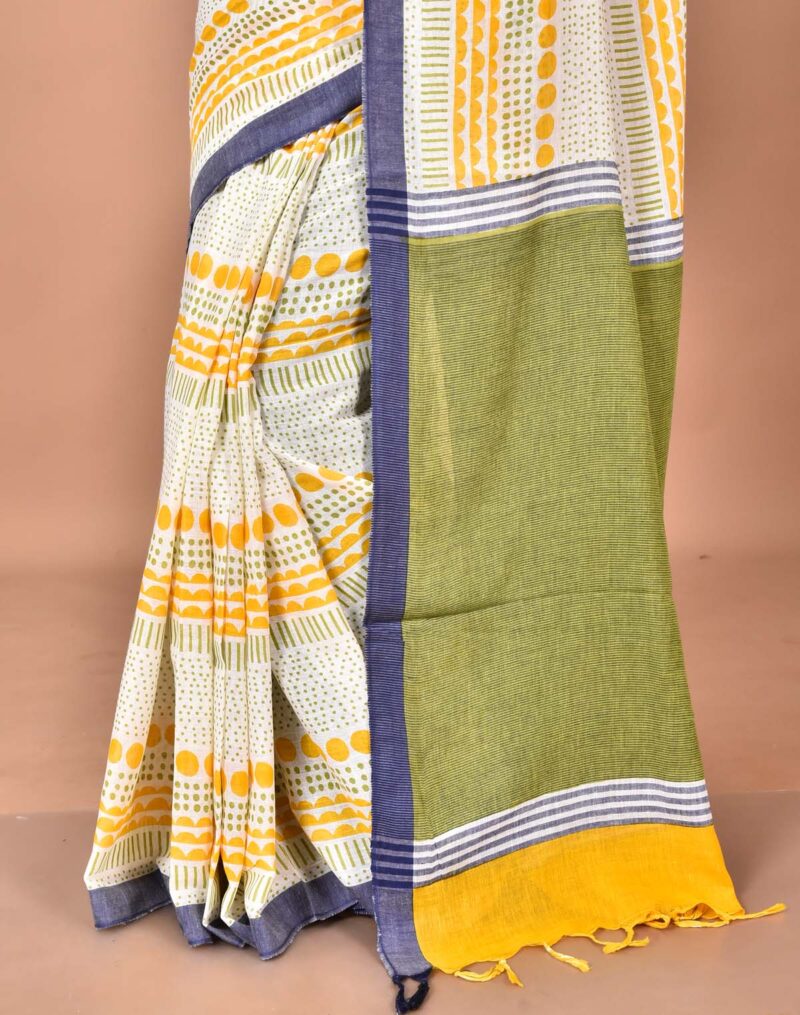 Organic Cotton Saree with Hand Screen Print (Yellow)