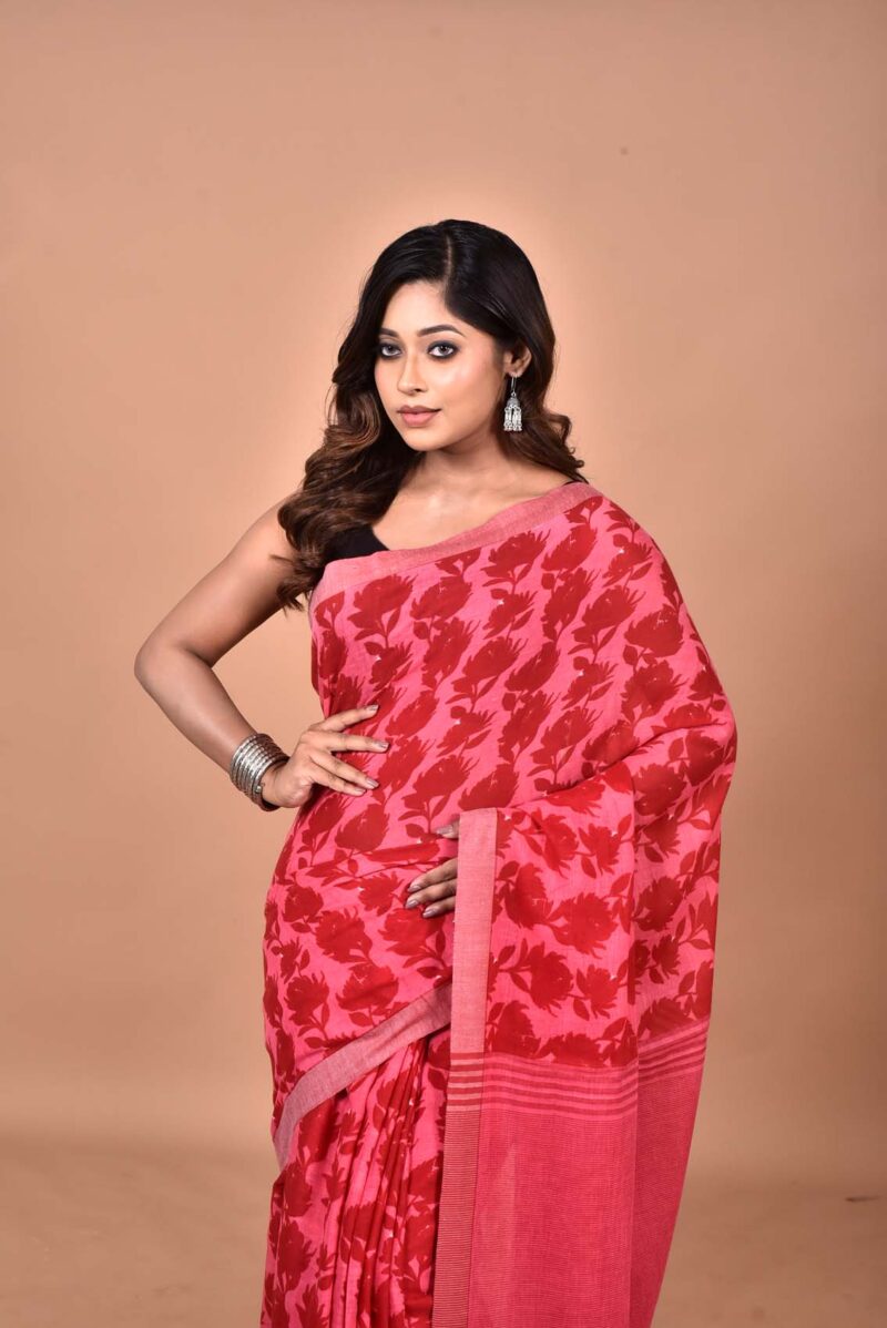 Organic Cotton Saree with Hand Screen Print (Pink )