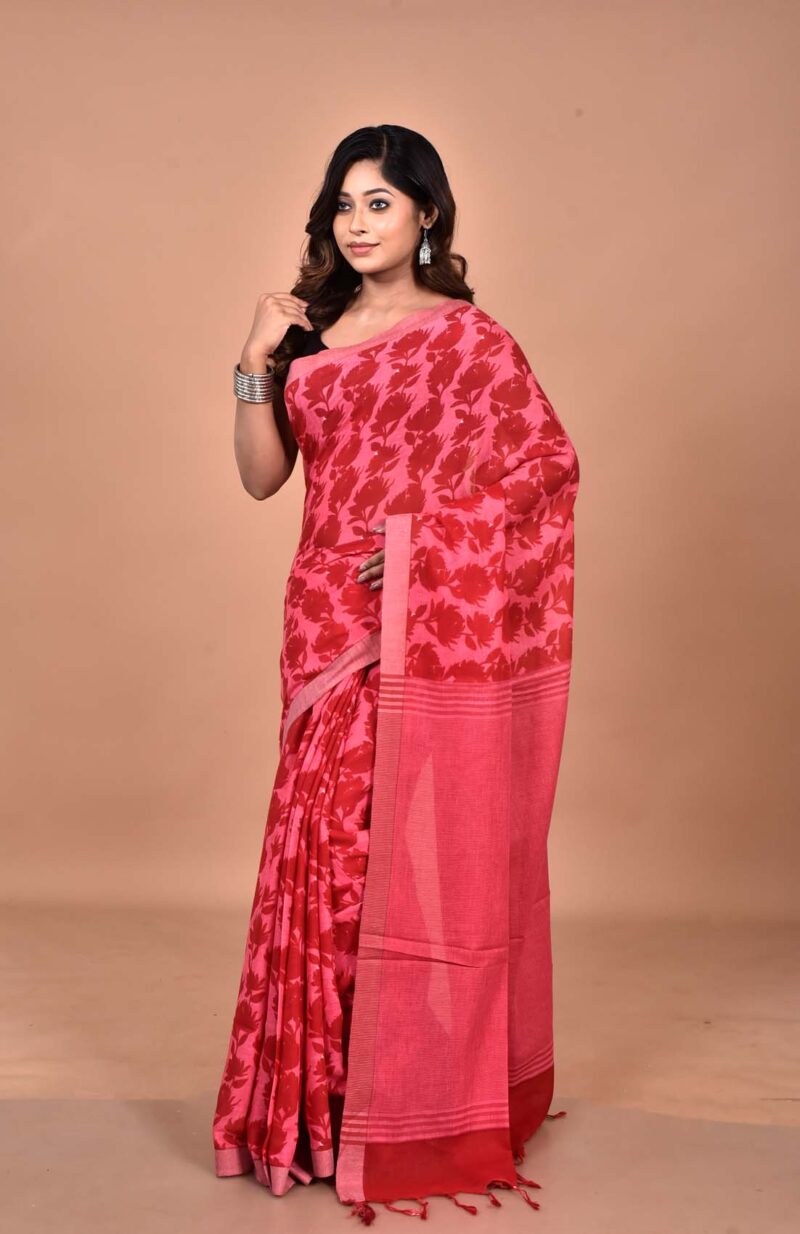 Organic Cotton Saree with Hand Screen Print (Pink )