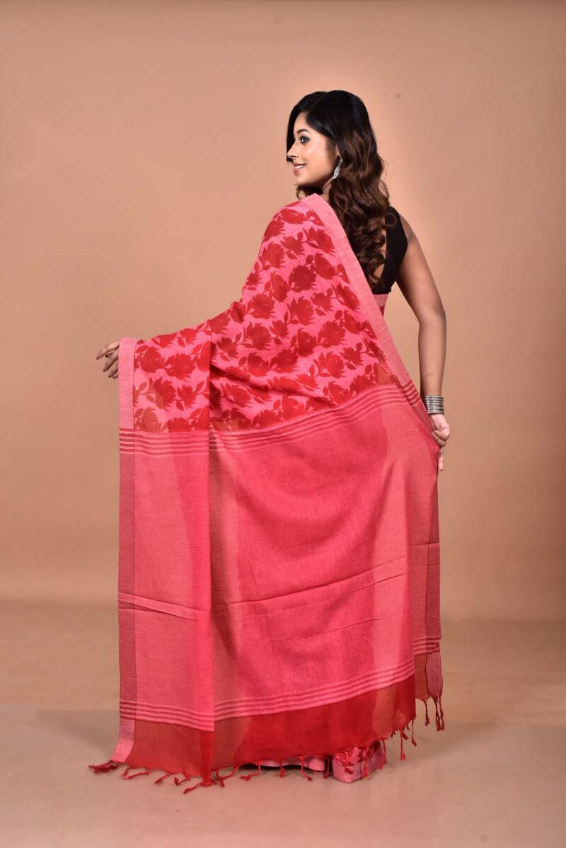 Organic Cotton Saree with Hand Screen Print (Pink )