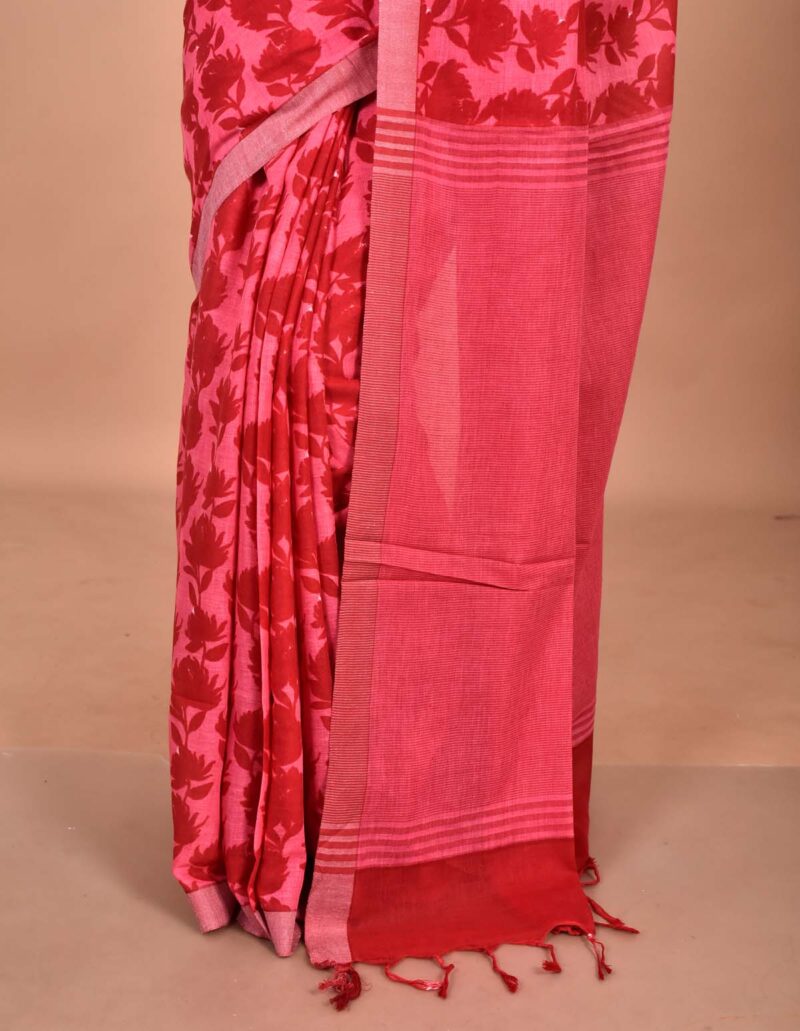 Organic Cotton Saree with Hand Screen Print (Pink )