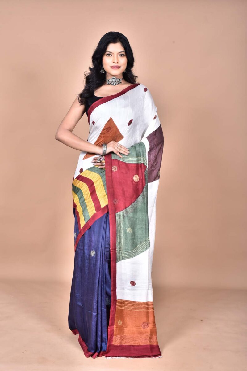 Mulberry Silk Saree with Hand Print and Hand Embroidery ( Multi)