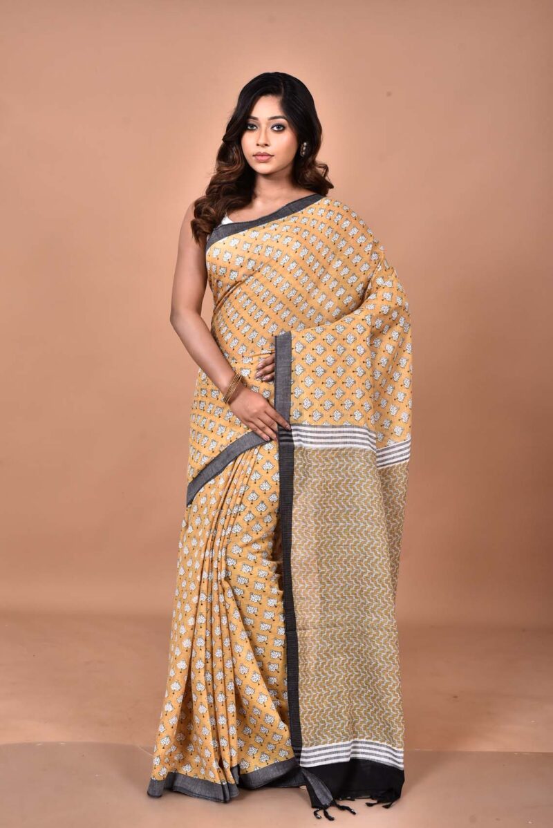 Organic Cotton Saree with Hand Screen Print (Light Yellow)