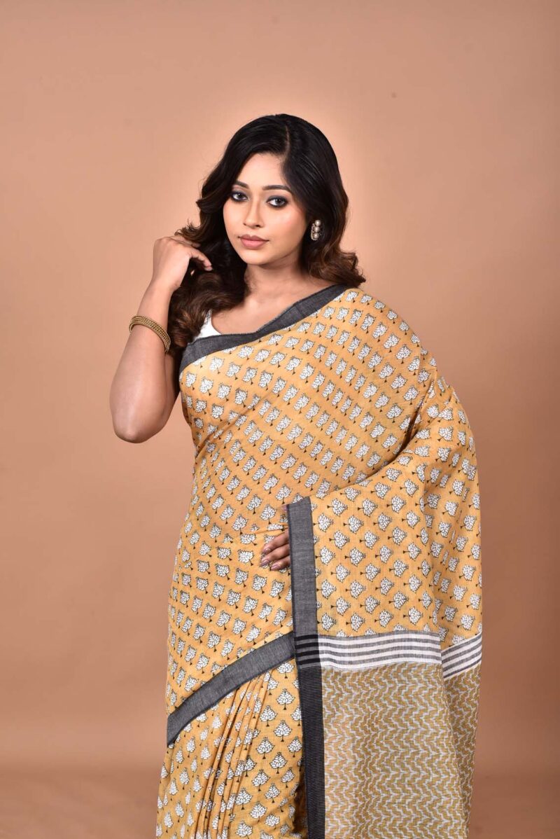 Organic Cotton Saree with Hand Screen Print (Light Yellow)