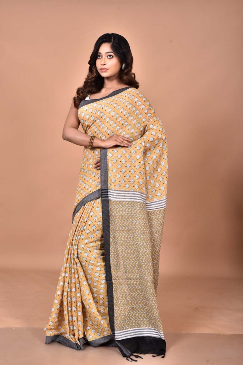 Organic Cotton Saree with Hand Screen Print (Light Yellow)