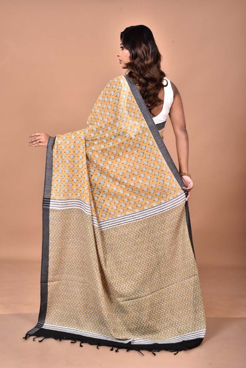 Organic Cotton Saree with Hand Screen Print (Light Yellow)