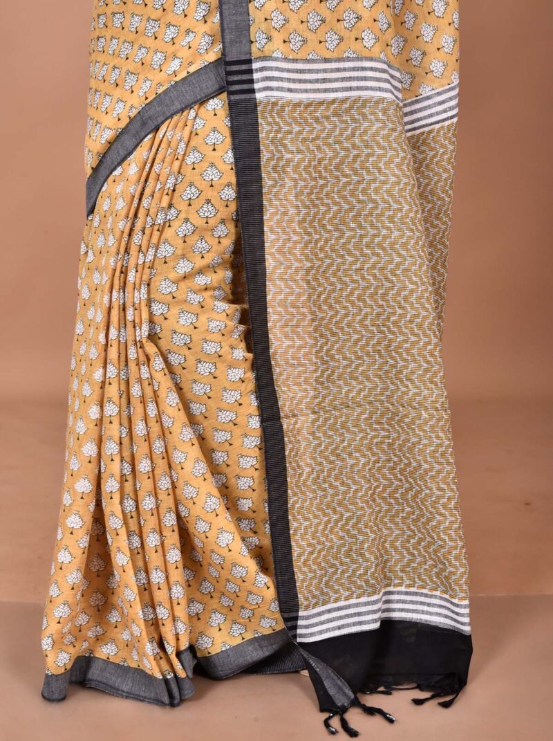 Organic Cotton Saree with Hand Screen Print (Light Yellow)