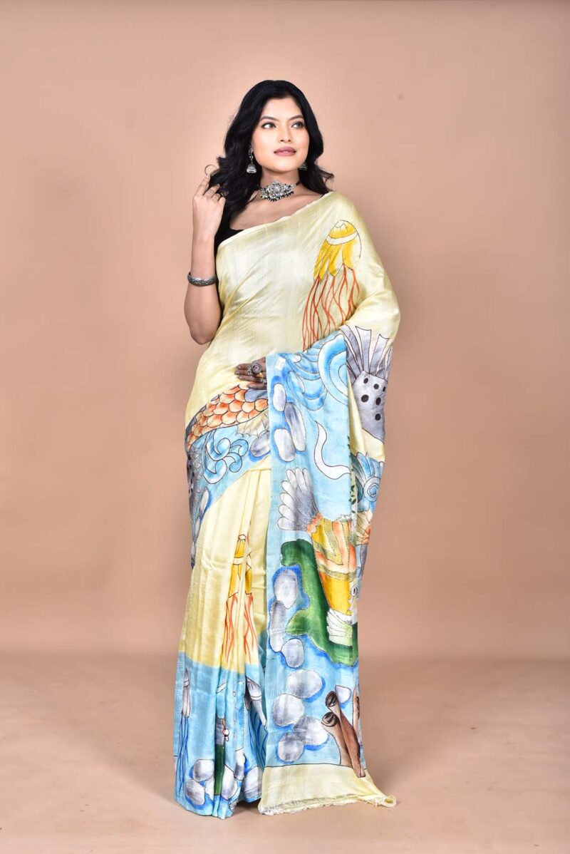 Mulberry Silk Saree with Hand Print and Hand Embroidery ( Multi )