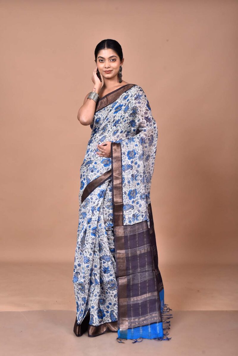 Tassar Matka Woven Sarees with Hand Screen Prints (Blue)