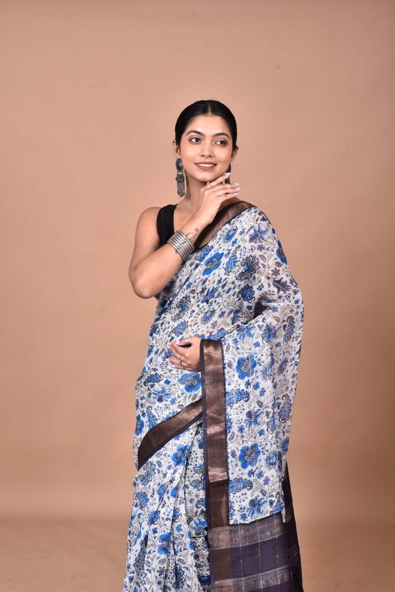 Tassar Matka Woven Sarees with Hand Screen Prints (Blue)