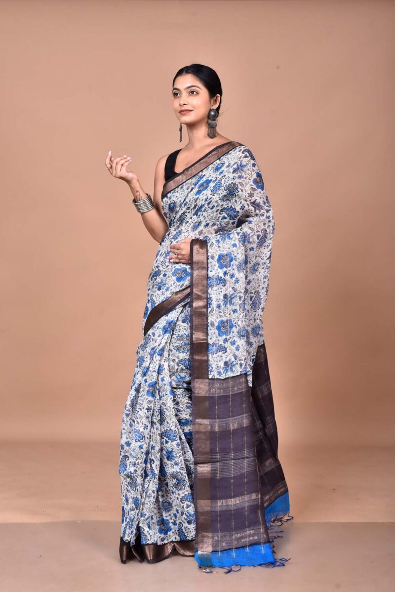 Tassar Matka Woven Sarees with Hand Screen Prints (Blue)