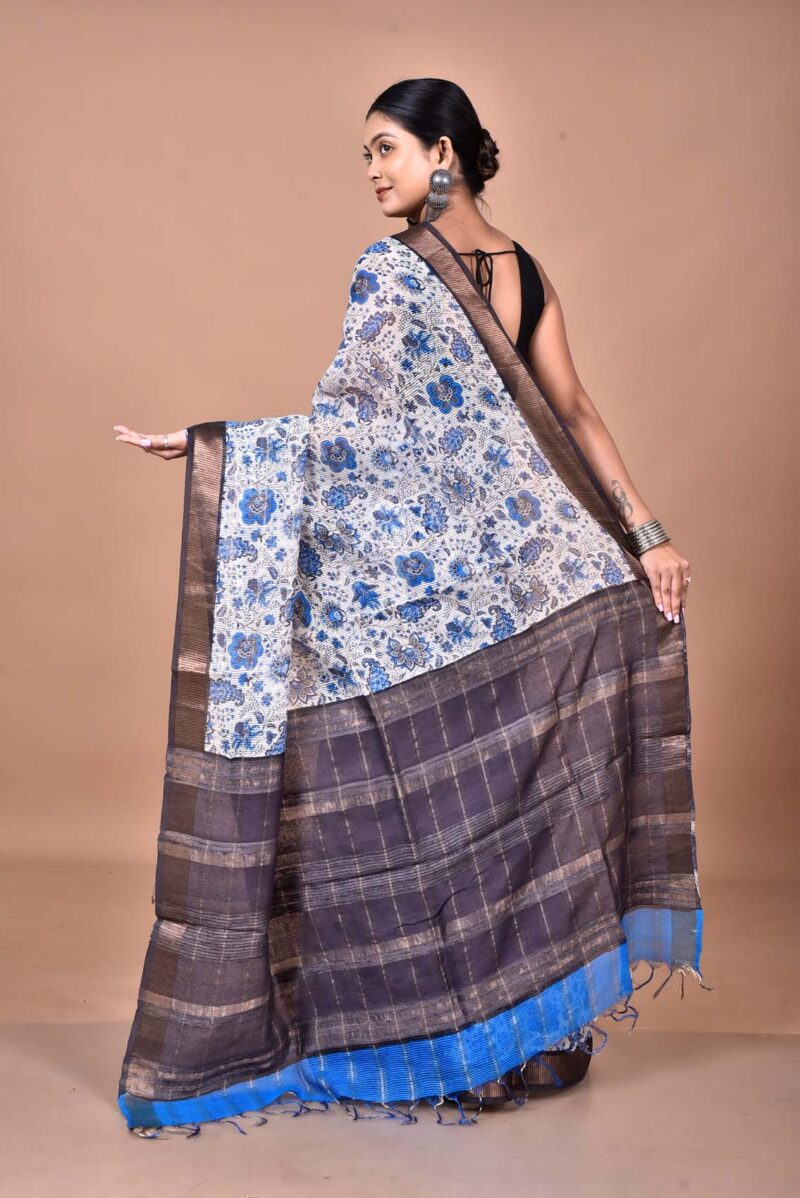 Tassar Matka Woven Sarees with Hand Screen Prints (Blue)