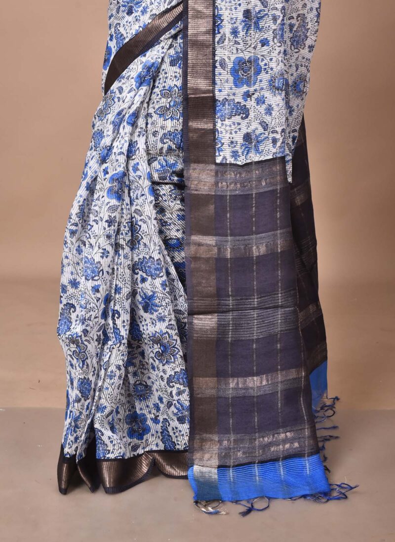 Tassar Matka Woven Sarees with Hand Screen Prints (Blue)