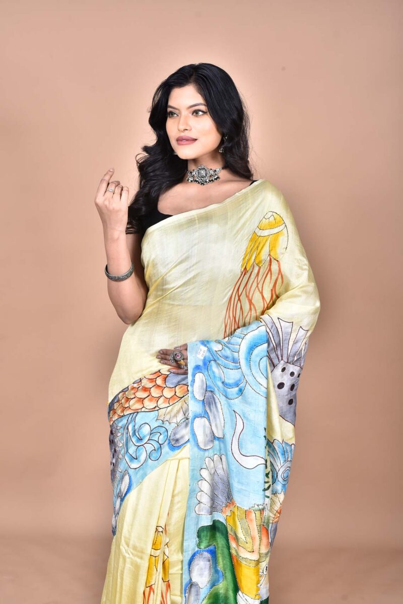 Mulberry Silk Saree with Hand Print and Hand Embroidery ( Multi )