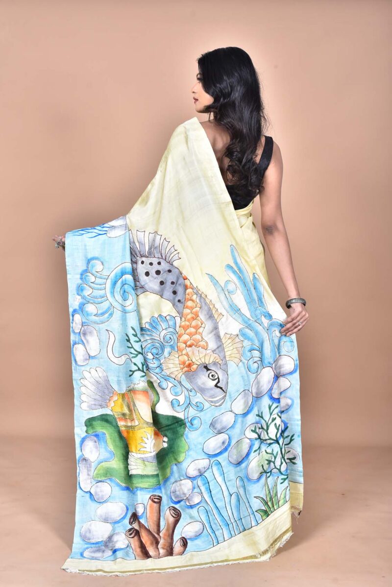 Mulberry Silk Saree with Hand Print and Hand Embroidery ( Multi )