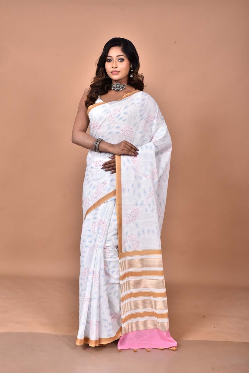 Cotton MulMul Sarees with Hand Screen Prints (Off White)