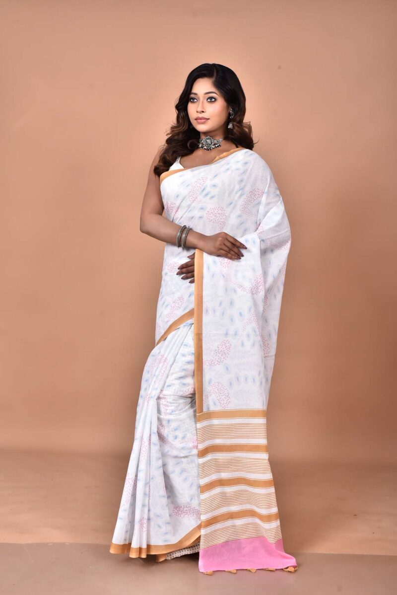 Cotton MulMul Sarees with Hand Screen Prints (Off White)