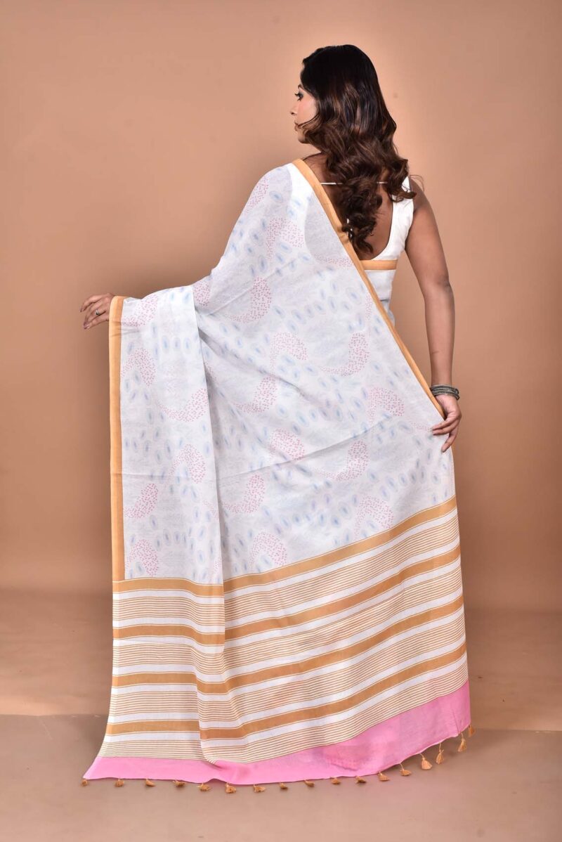 Cotton MulMul Sarees with Hand Screen Prints (Off White)