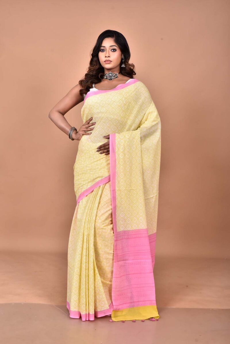 Cotton MulMul Sarees with Hand Screen Prints (Light Yellow)