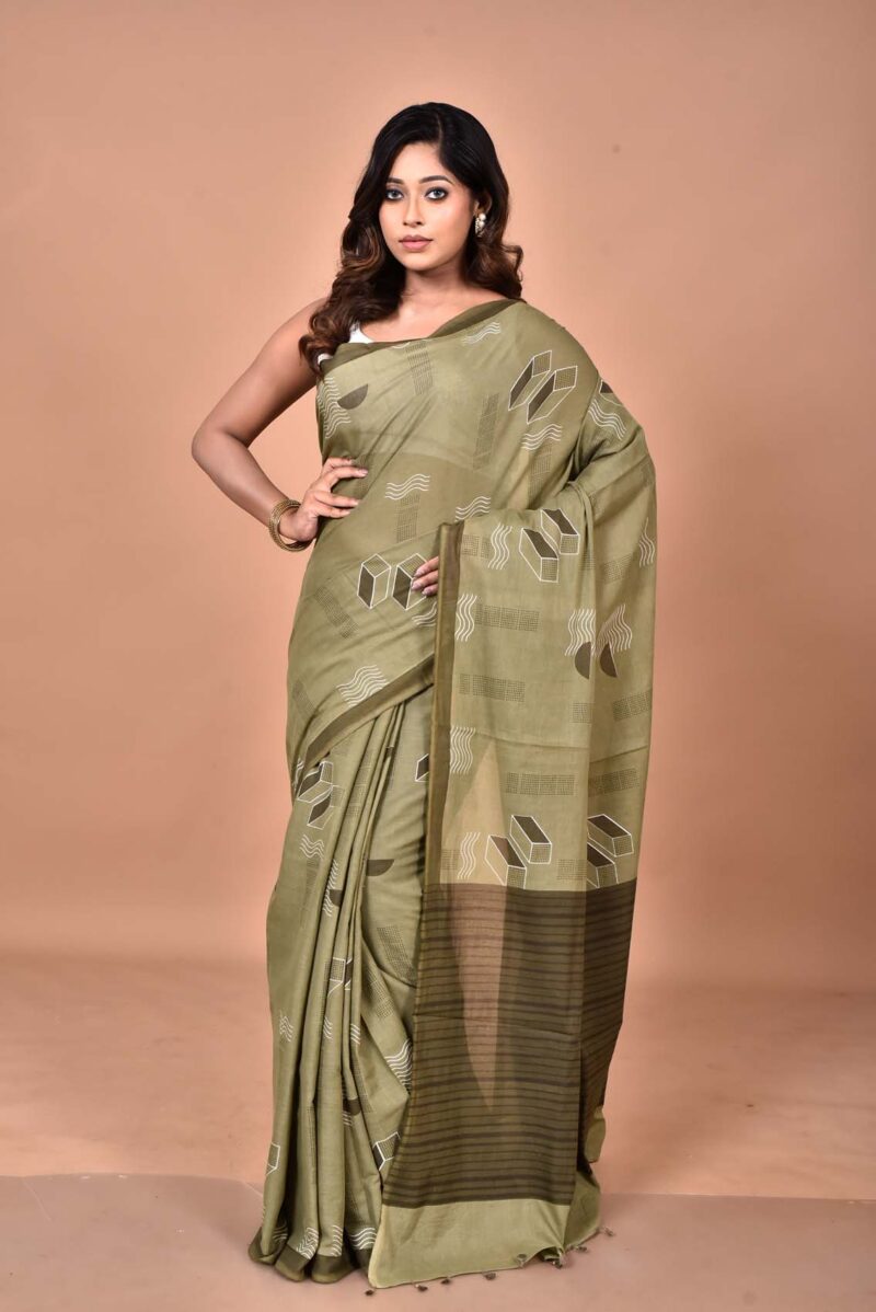 Cotton MulMul Sarees with Hand Screen Prints (Green )