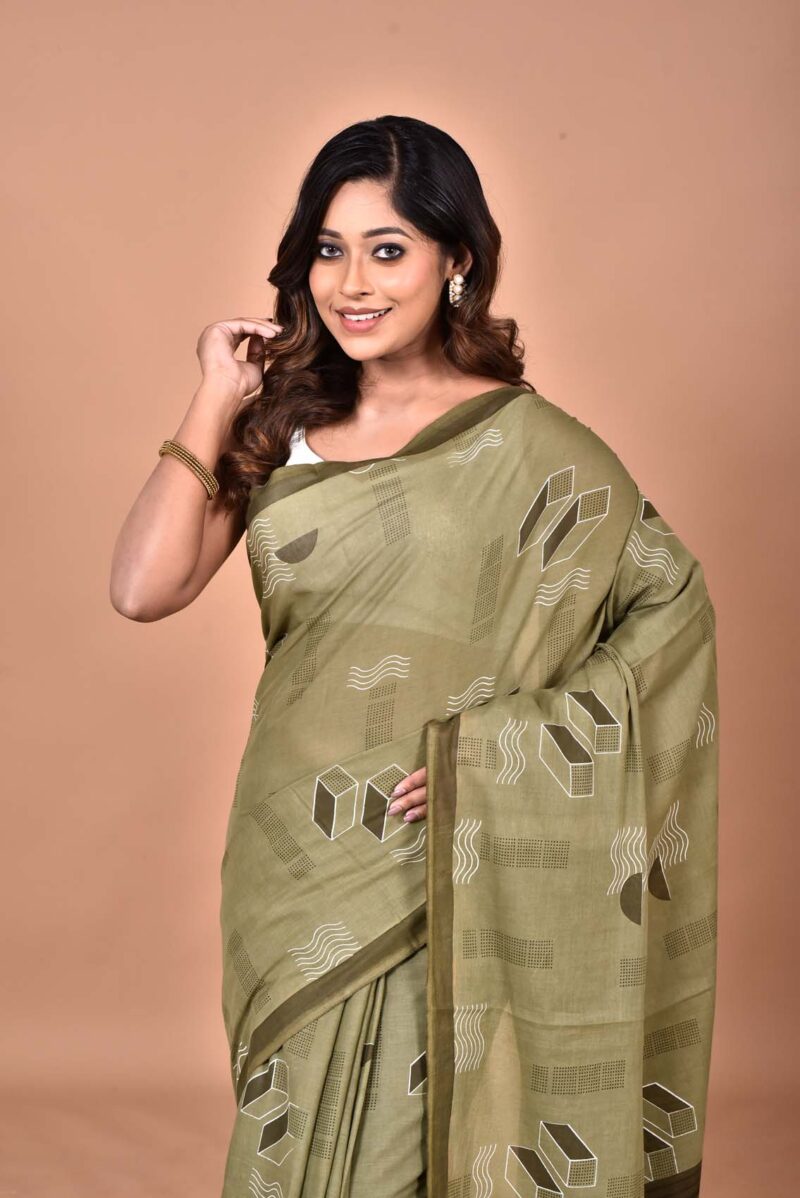 Cotton MulMul Sarees with Hand Screen Prints (Green )