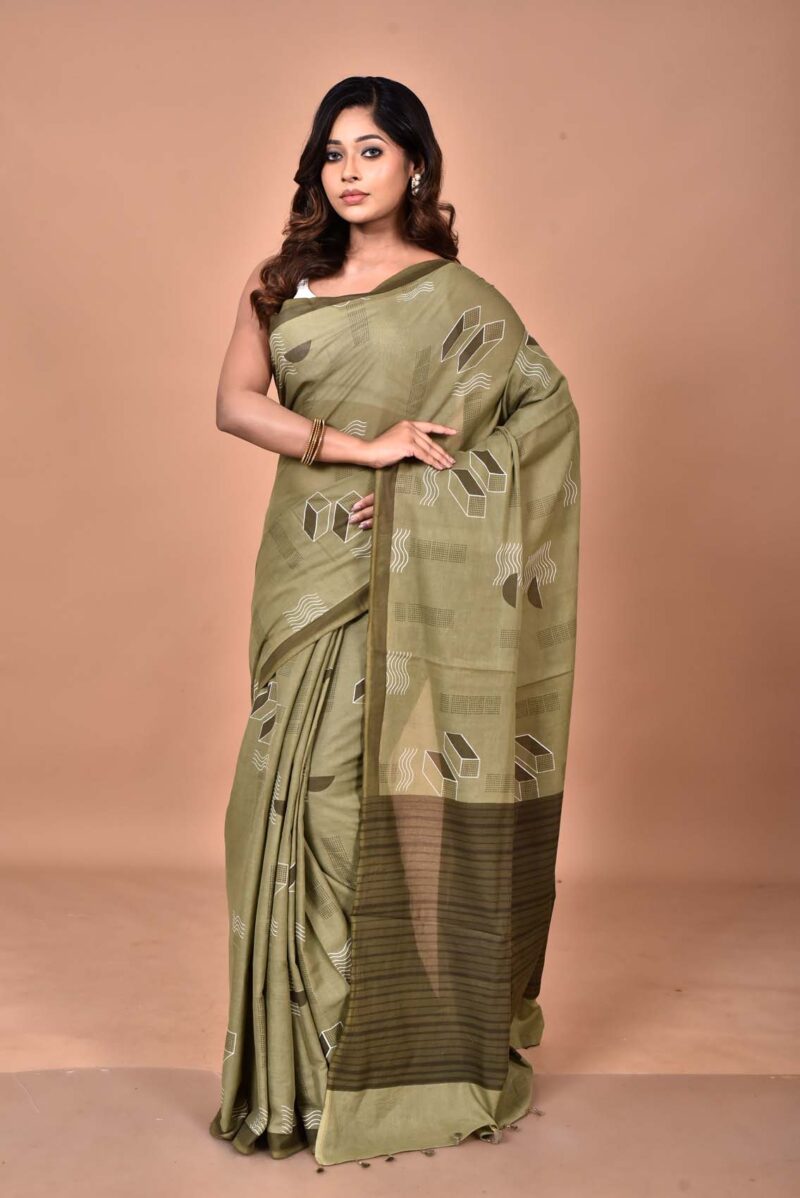 Cotton MulMul Sarees with Hand Screen Prints (Green )