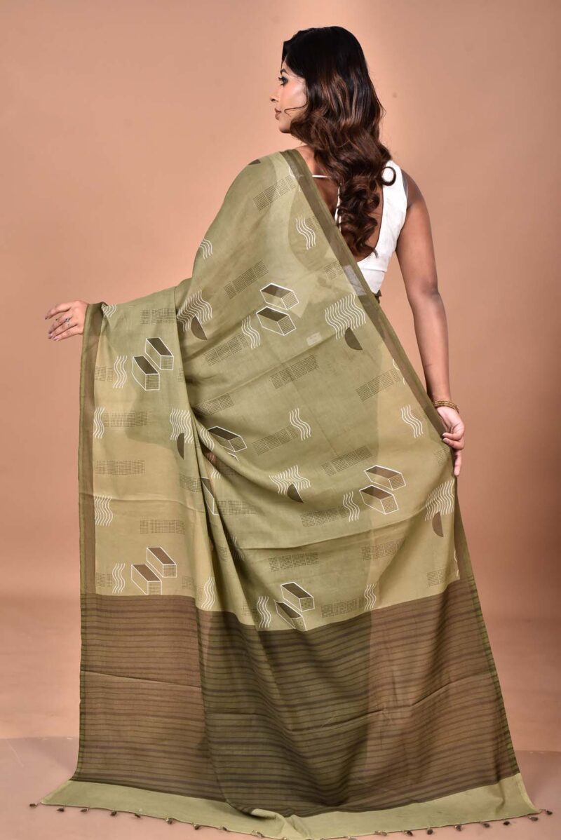 Cotton MulMul Sarees with Hand Screen Prints (Green )