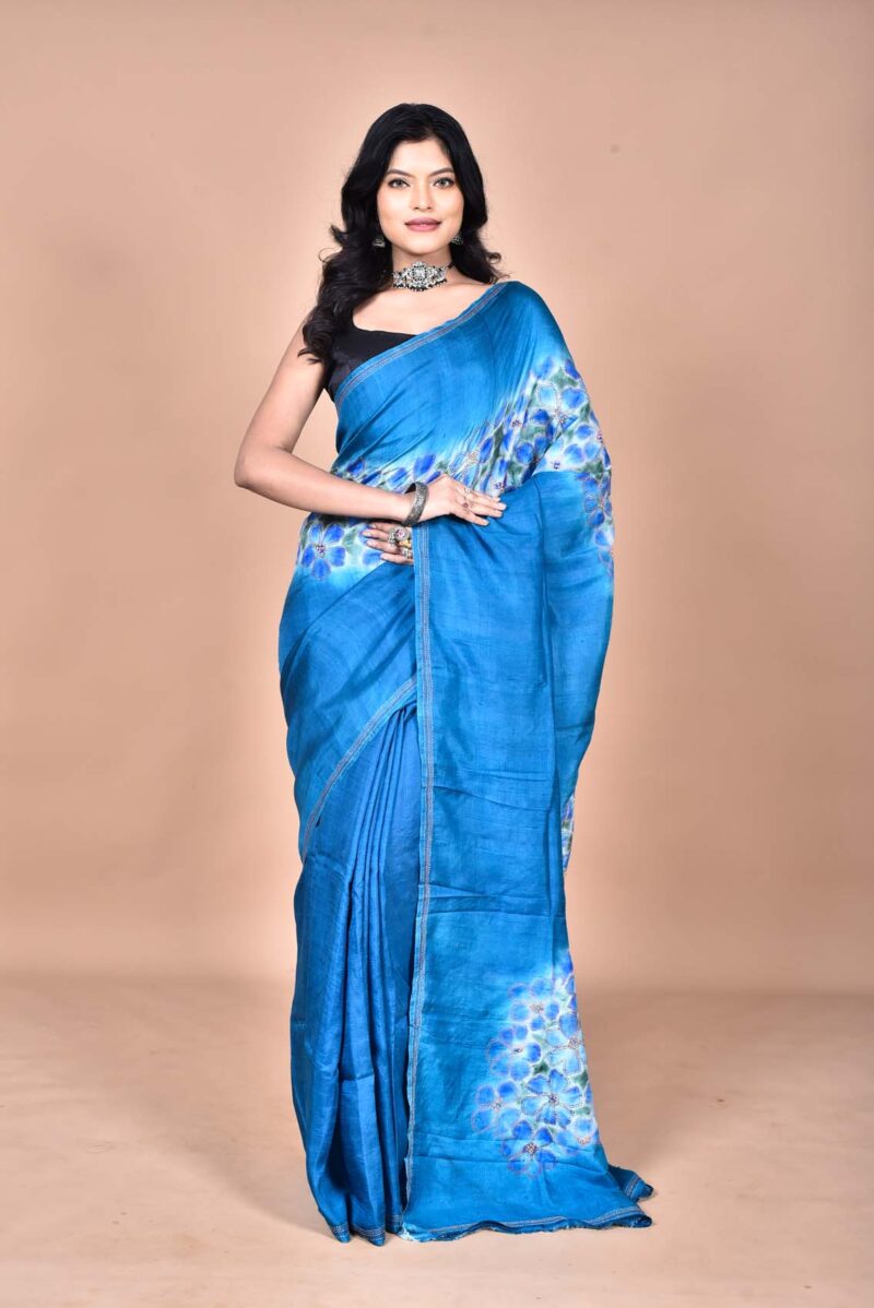 Mulberry Silk Saree with Hand Print and Hand Embroidery ( Blue)