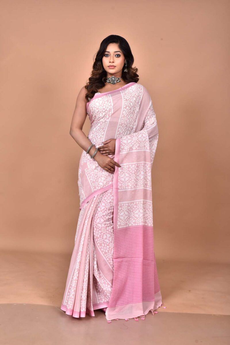 Cotton MulMul Sarees with Hand Screen Prints (Pink)