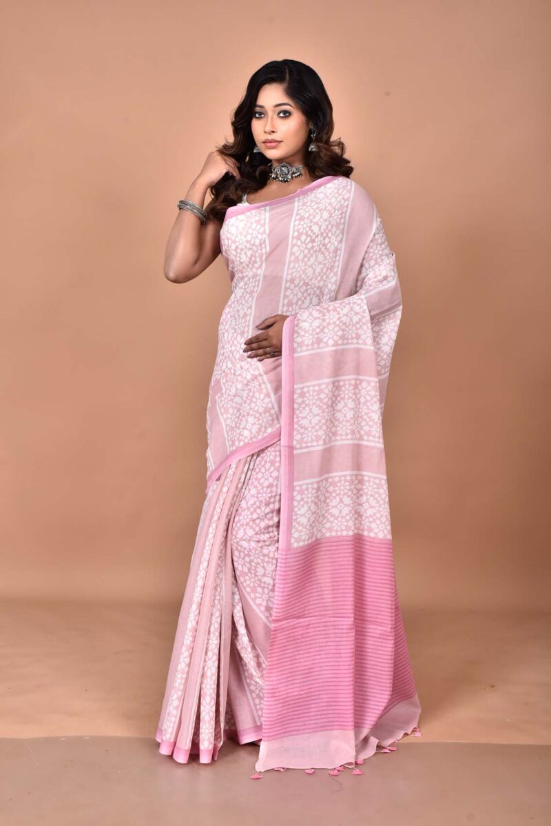 Cotton MulMul Sarees with Hand Screen Prints (Pink)