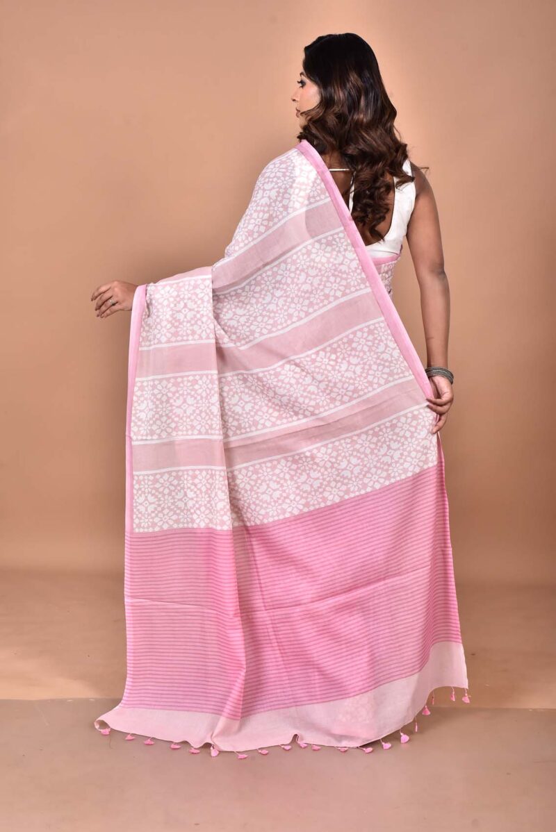 Cotton MulMul Sarees with Hand Screen Prints (Pink)