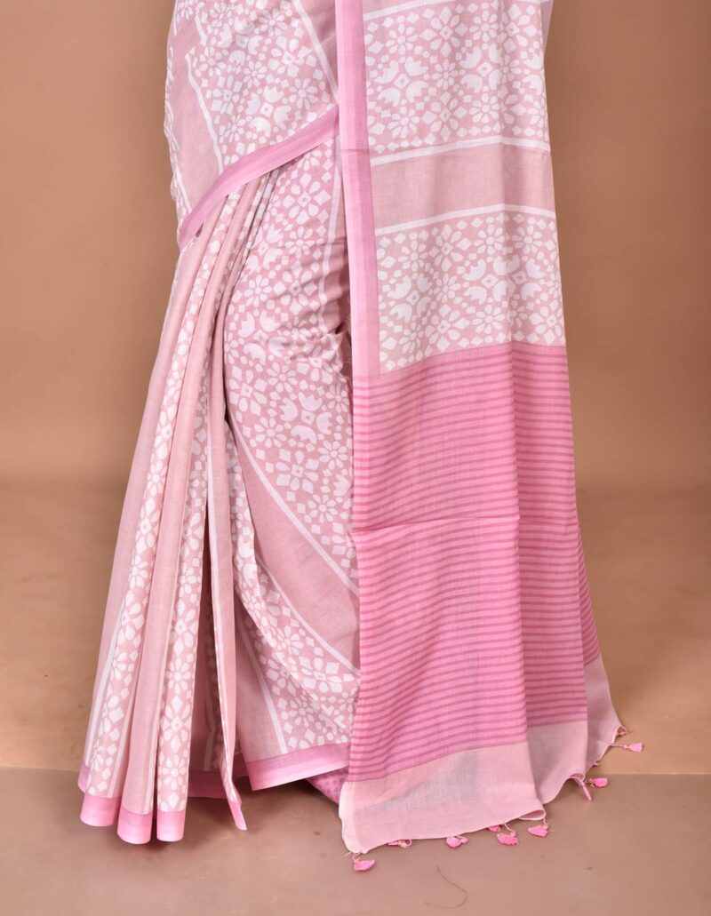 Cotton MulMul Sarees with Hand Screen Prints (Pink)