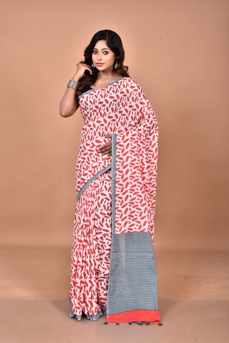 Cotton MulMul Sarees with Hand Screen Prints (Red)