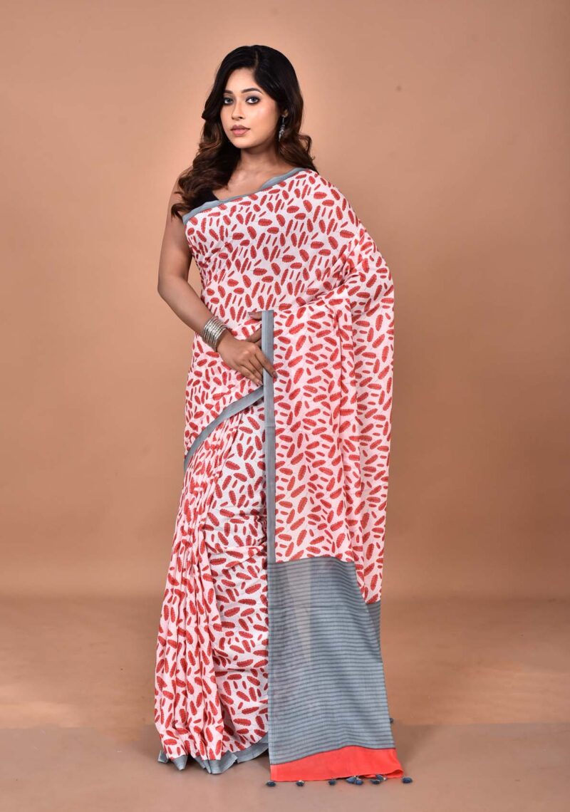 Cotton MulMul Sarees with Hand Screen Prints (Red)