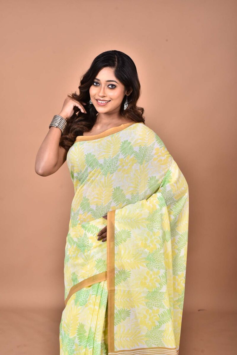 Cotton MulMul Sarees with Hand Screen Prints (Yellow Green)