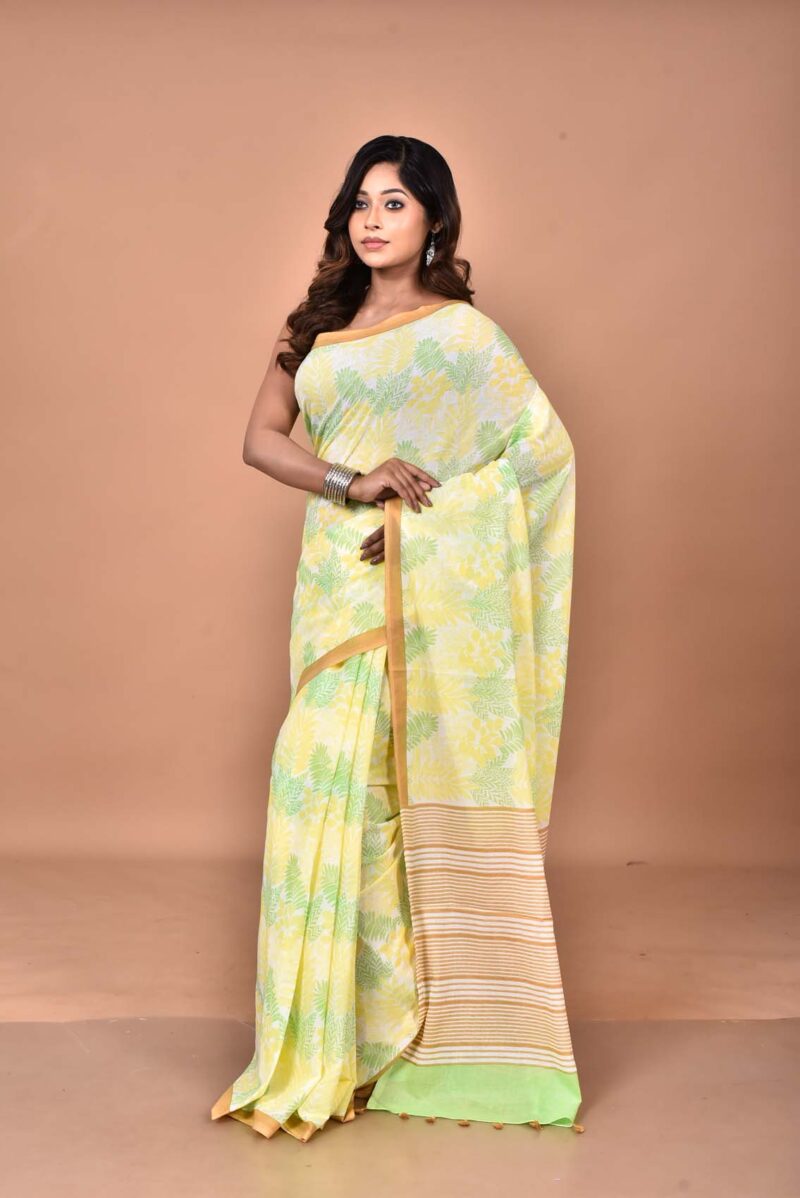 Cotton MulMul Sarees with Hand Screen Prints (Yellow Green)