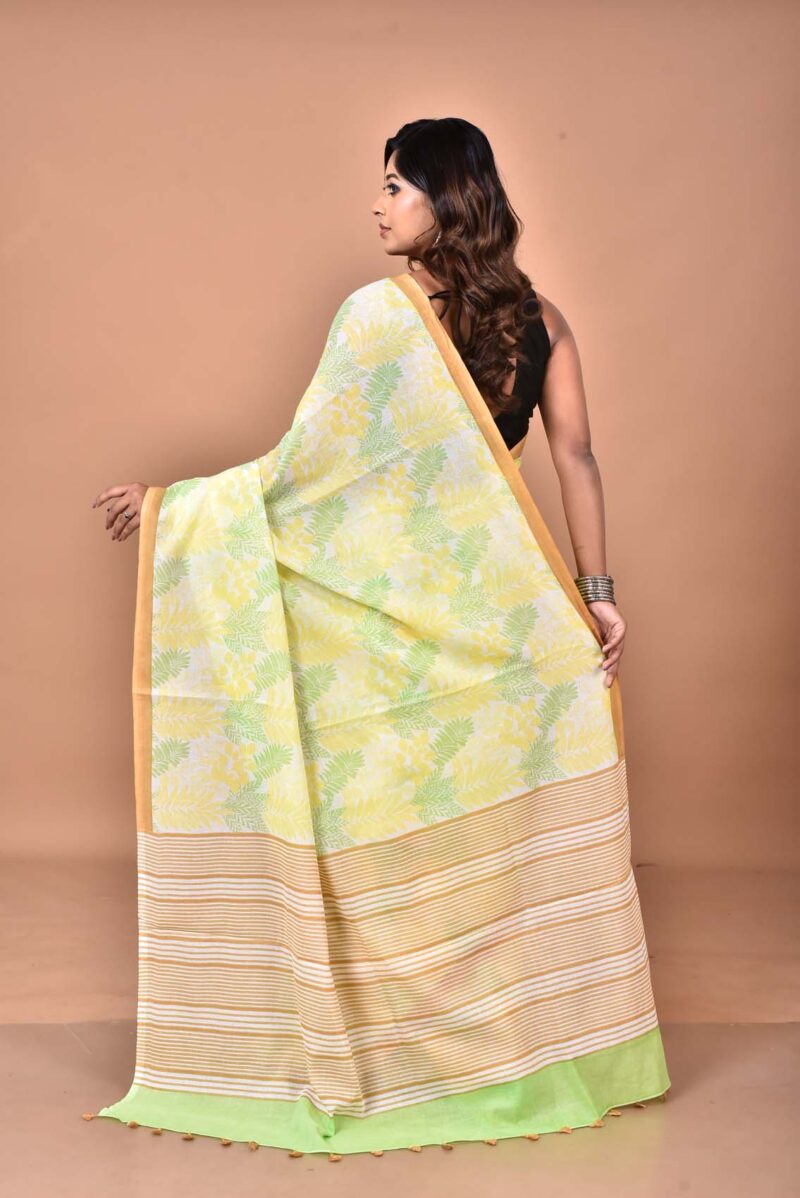 Cotton MulMul Sarees with Hand Screen Prints (Yellow Green)