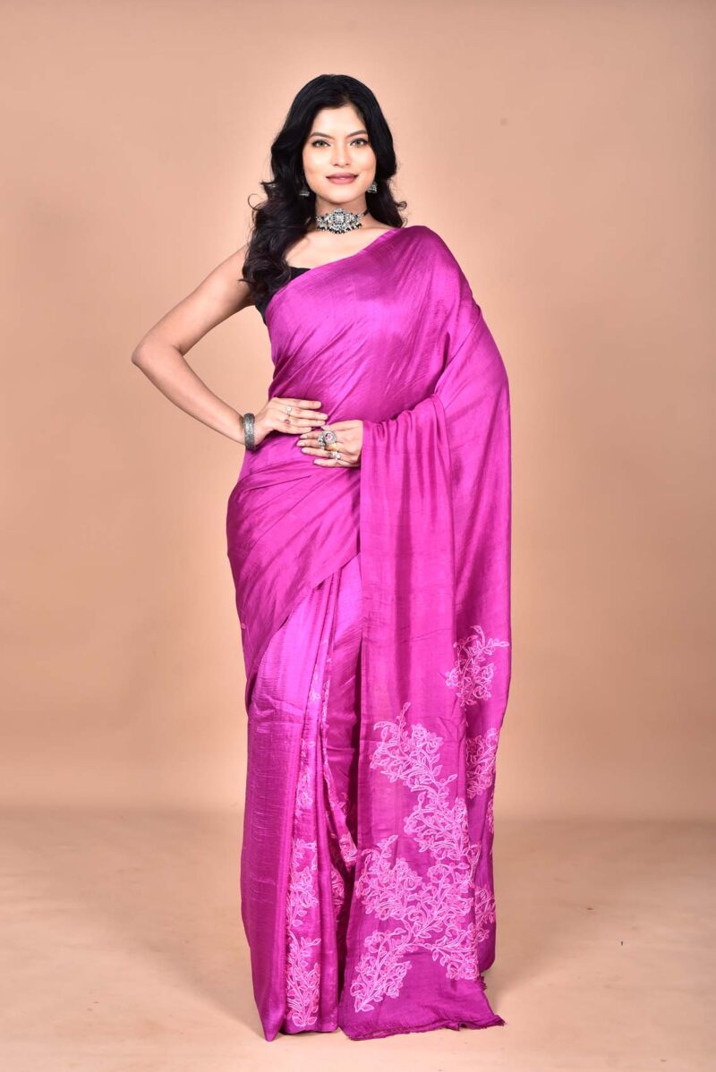 Mulberry Silk Saree with Hand Print and Hand Embroidery (Dark Pink)