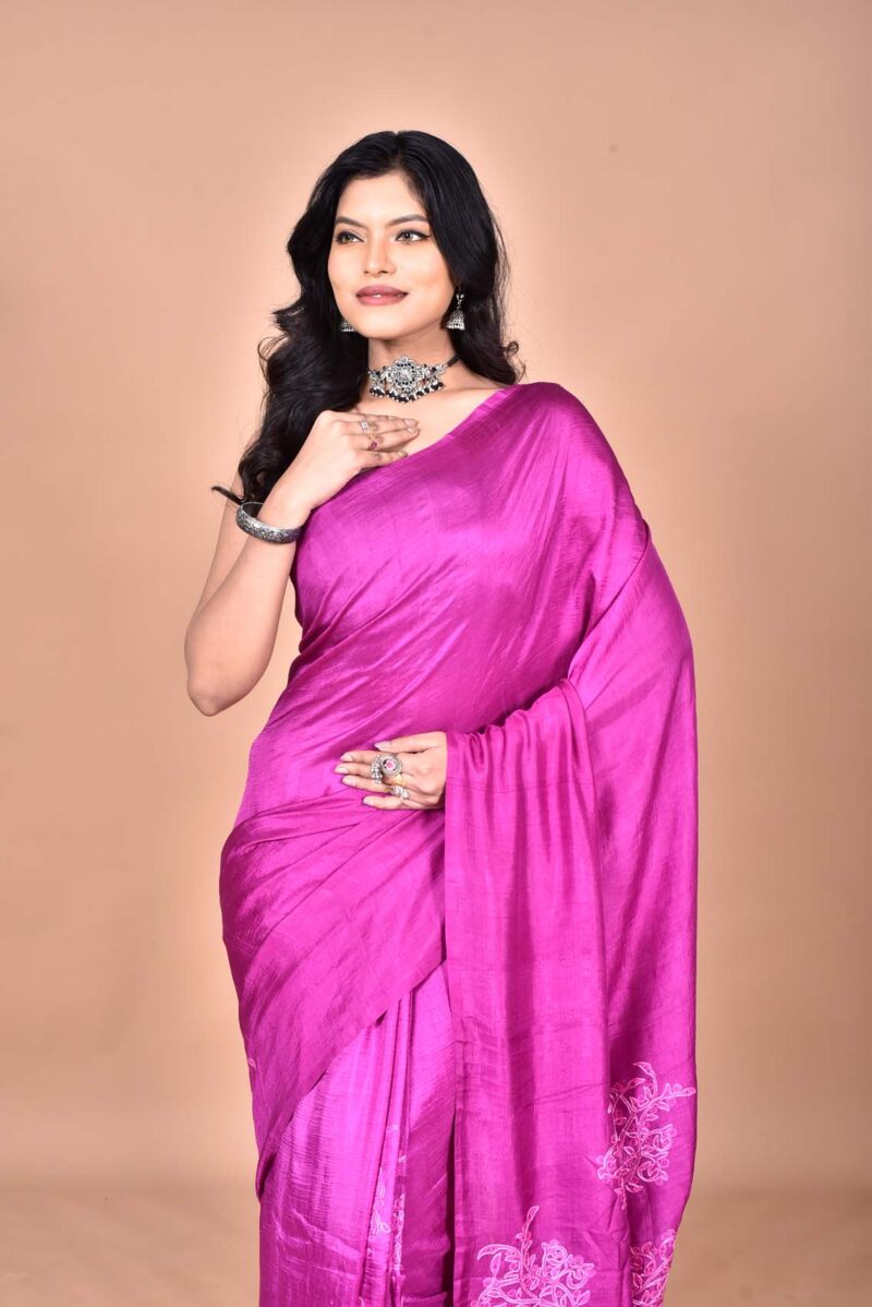 Mulberry Silk Saree with Hand Print and Hand Embroidery (Dark Pink)