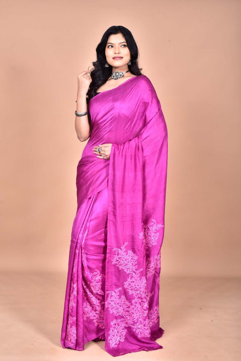 Mulberry Silk Saree with Hand Print and Hand Embroidery (Dark Pink)