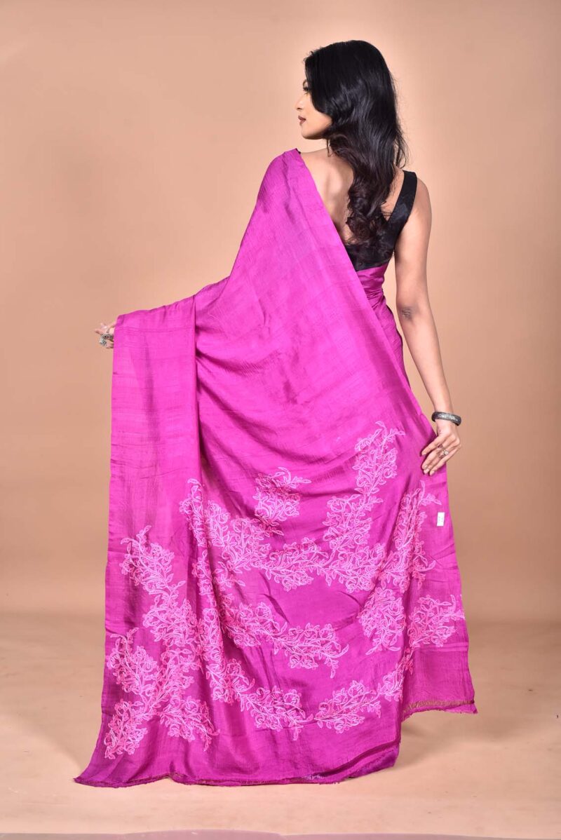 Mulberry Silk Saree with Hand Print and Hand Embroidery (Dark Pink)